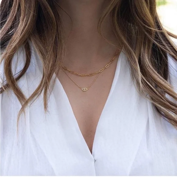 Gold 14k Gold Plated Cubic Zirconia Evil Eye 3pc Chain Necklace Set